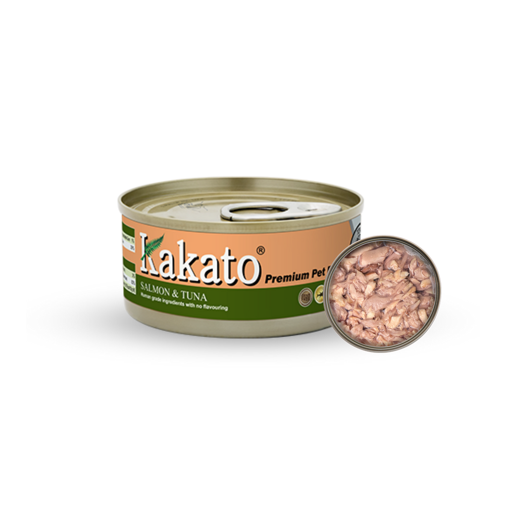 Kakato Salmon & Tuna premium pet food can with visible chunks of salmon and tuna inside