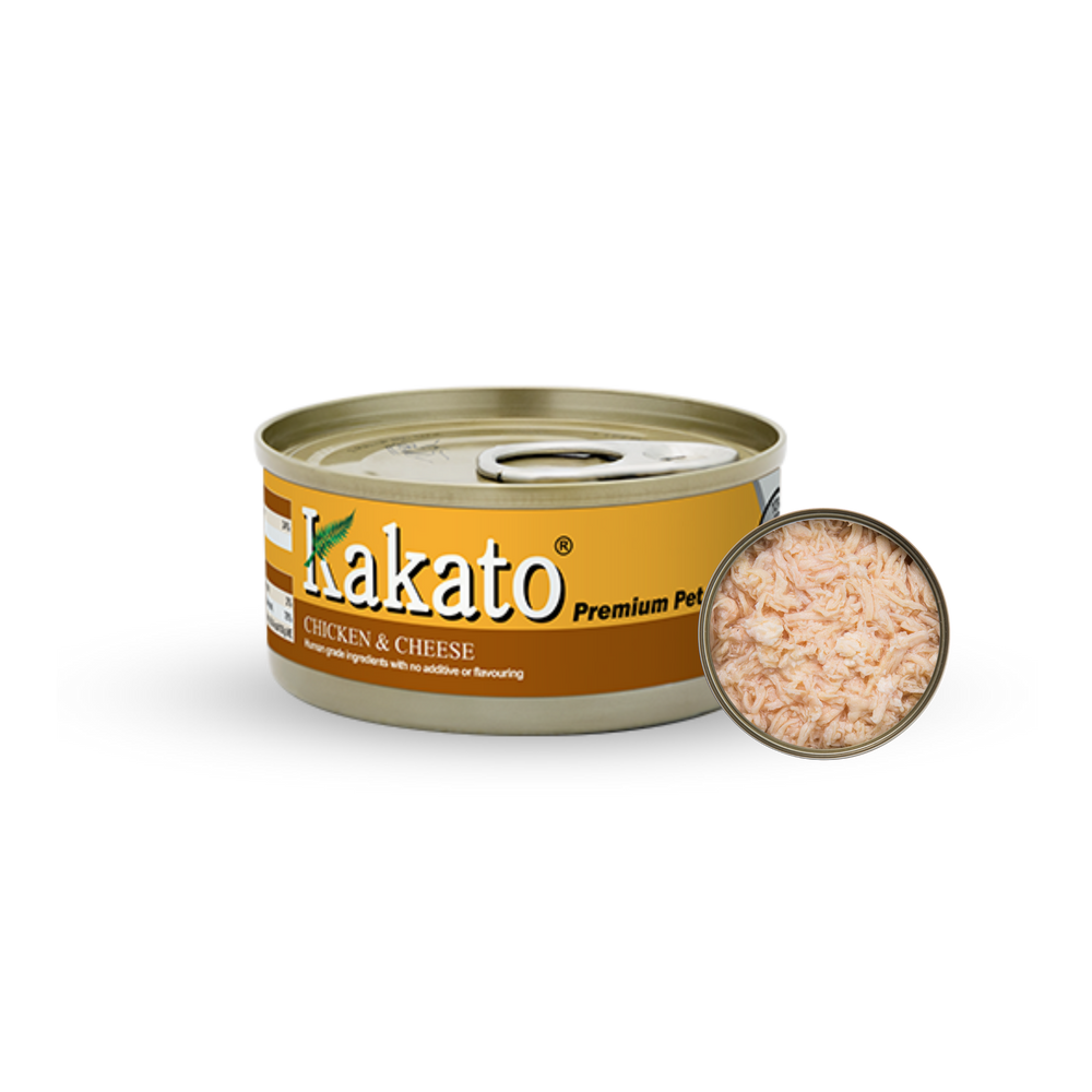 Kakato Chicken & Cheese premium pet food can with shredded chicken and cheese content image