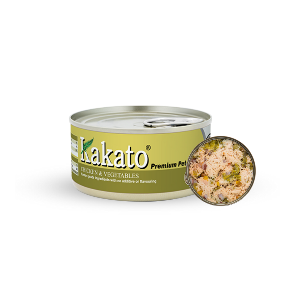 Kakato Chicken & Vegetables premium pet wet food 170g can with shredded chicken and mixed vegetables rich in protein and fiber
