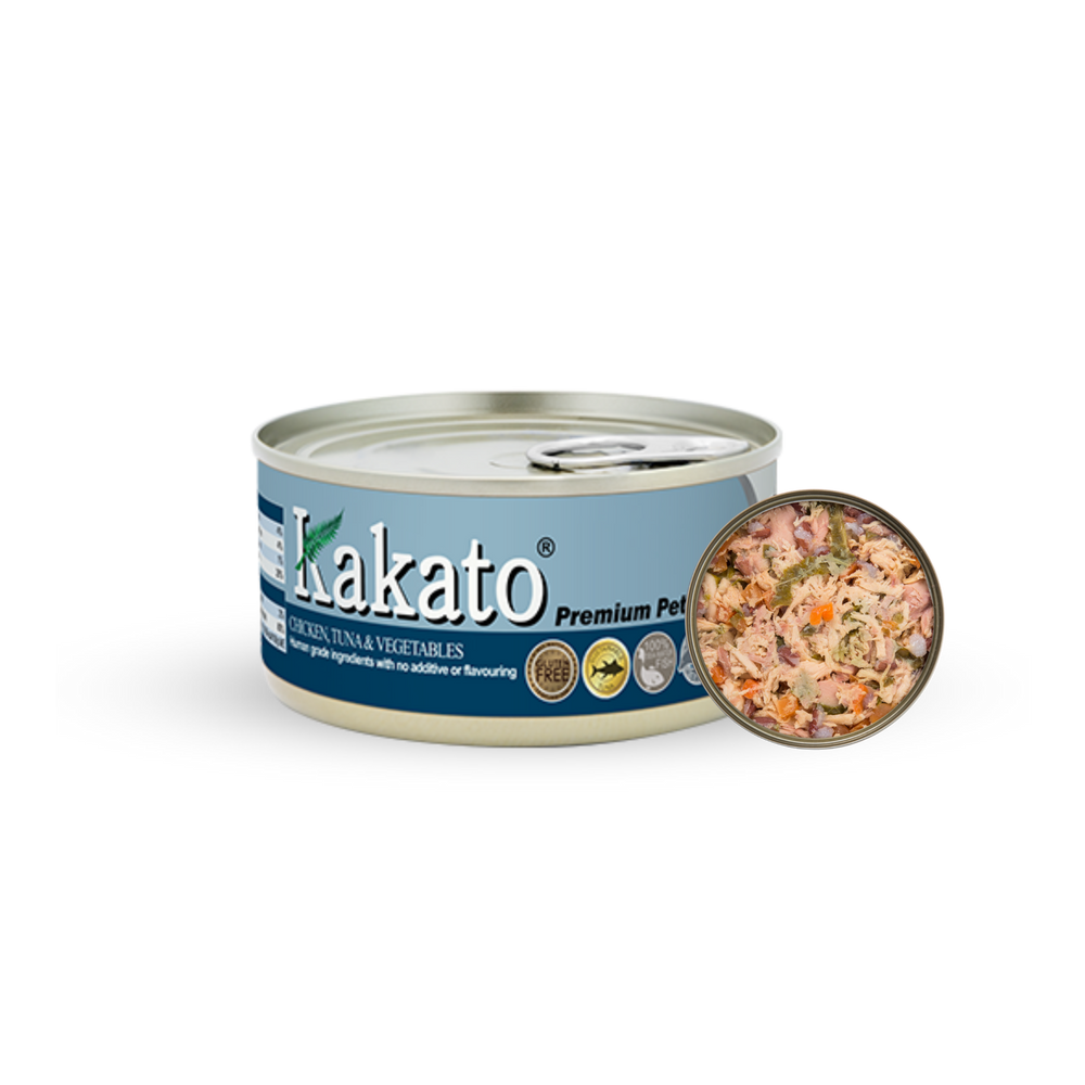 Kakato Chicken Tuna & Vegetables premium pet food can with high-protein chicken, tuna, and mixed vegetables.