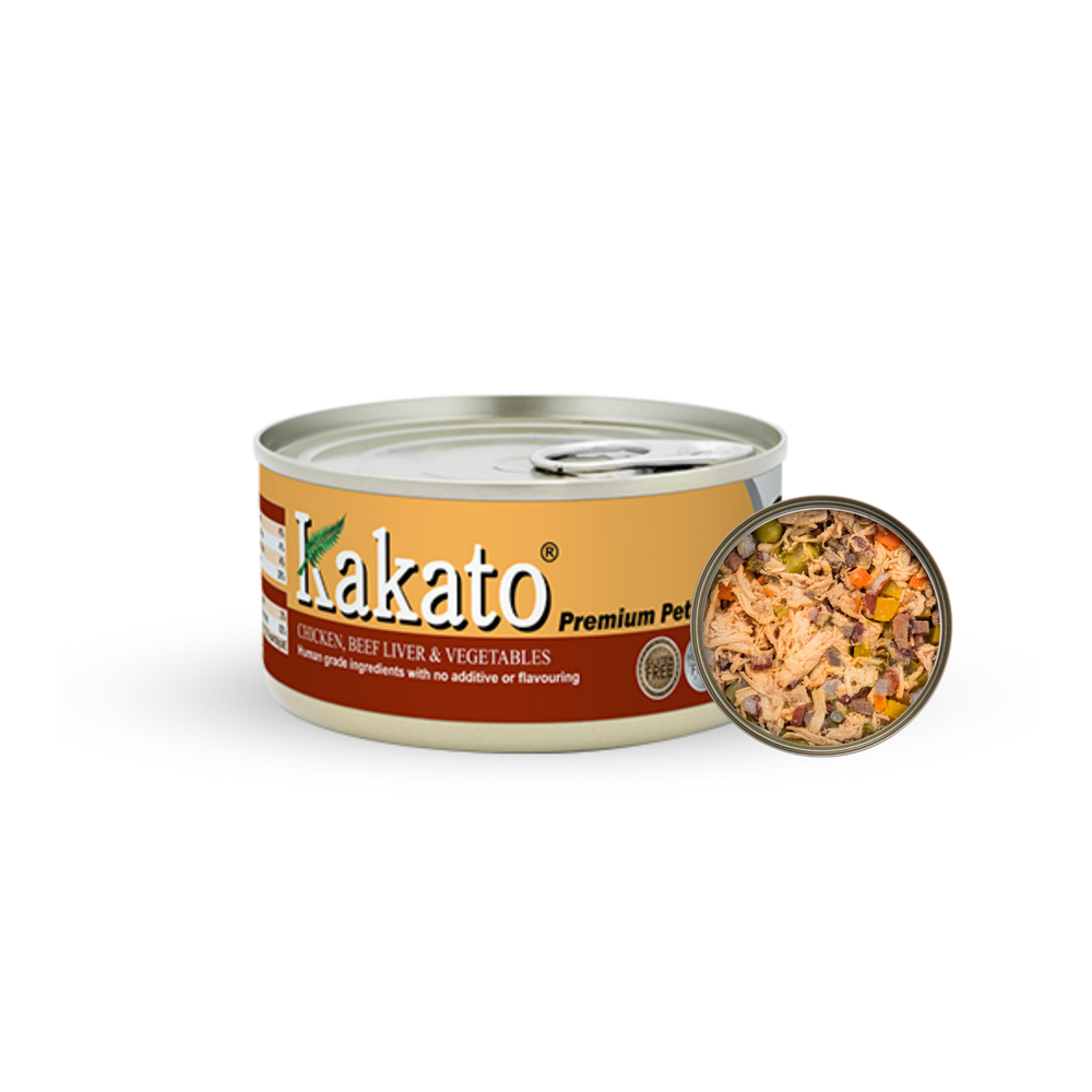 Kakato Chicken premium pet food with beef liver and vegetables in 170g can, high-protein low-fat dog food