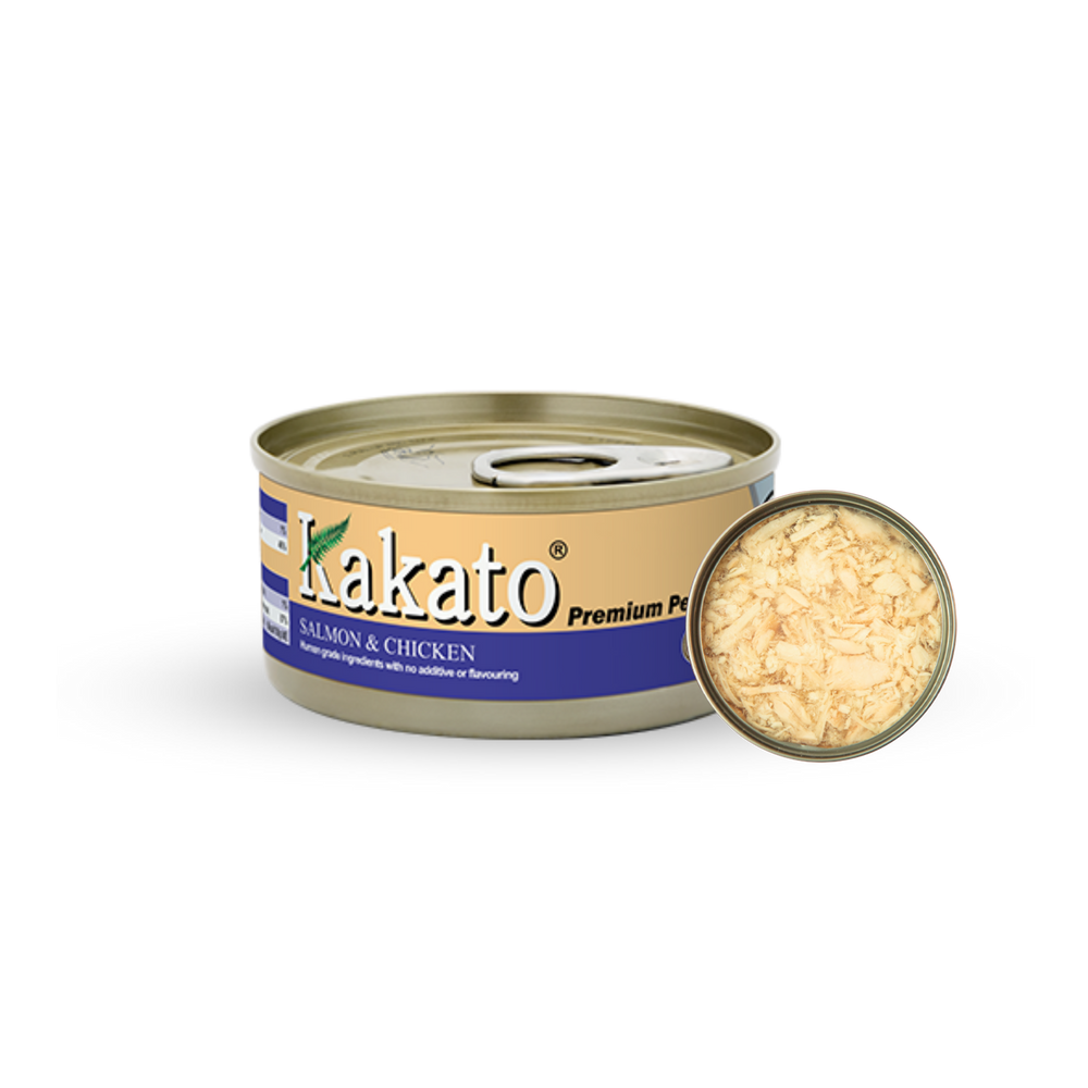 Kakato Salmon & Chicken premium pet food tin with shredded salmon and chicken inside