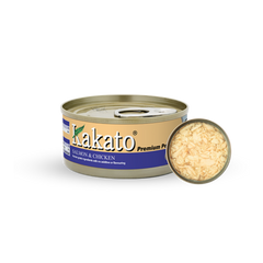 Kakato Salmon & Chicken premium pet food tin with shredded salmon and chicken inside