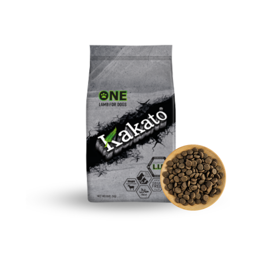 Kakato ONE Lamb dog dry food bag with kibble bowl, grain-free and high protein nutrition for all life stages