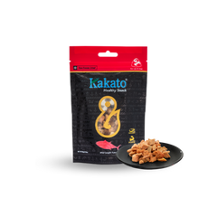 kakato freeze-dried snacks four flavours pack with chicken, tuna, salmon, and liver pieces on plate