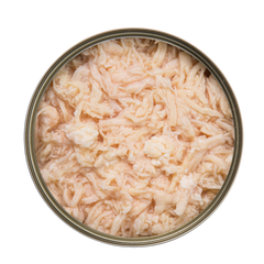 Open can of Kakato Chicken & Cheese pet food showing shredded chicken and cheese mixture