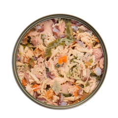Top view of Kakato Chicken Tuna & Vegetables cat food with mixed meat and vegetables in a tin can