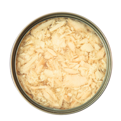 Open can of Kakato Salmon & Chicken wet pet food showing shredded salmon and chicken in jelly