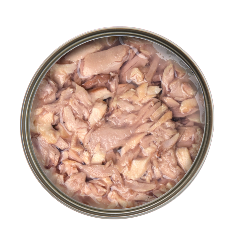 Open can of Kakato Salmon & Tuna pet food showing shredded fish pieces in water