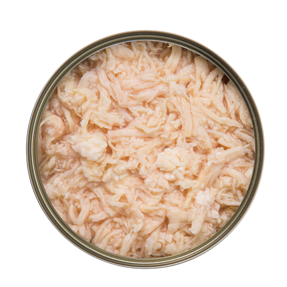 Open can of Kakato Chicken & Cheese pet food showing shredded chicken and cheese mixture