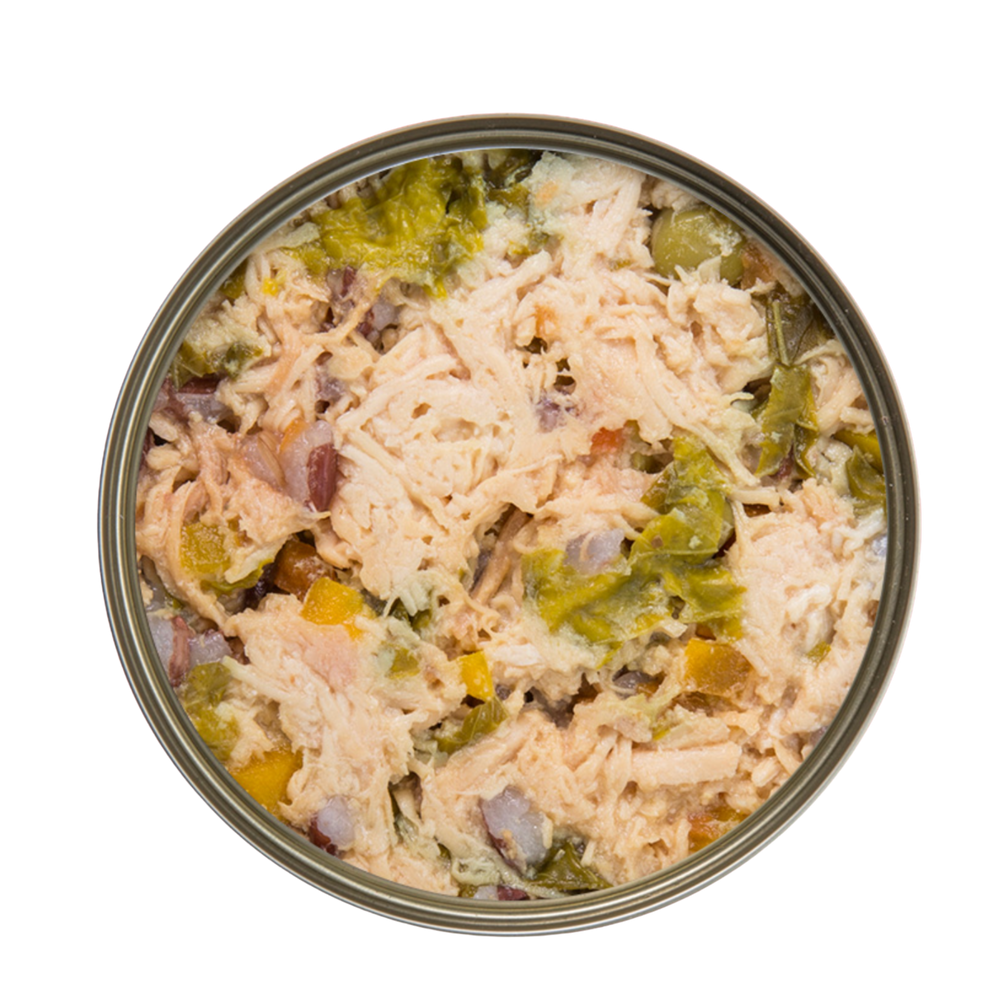 Kakato Chicken & Vegetables wet cat food with shredded chicken and mixed vegetables in a can