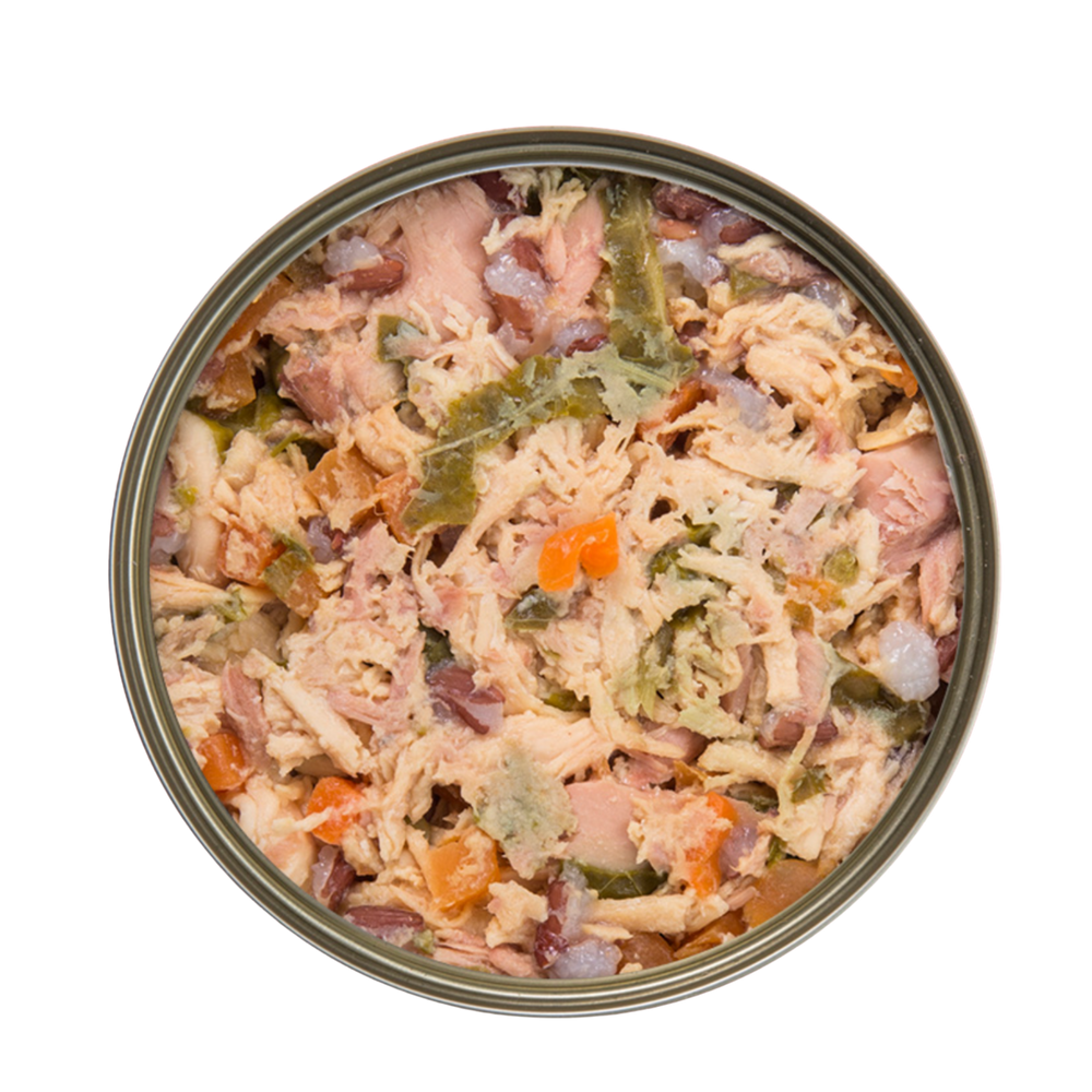 Top view of Kakato Chicken Tuna & Vegetables cat food with mixed meat and vegetables in a tin can
