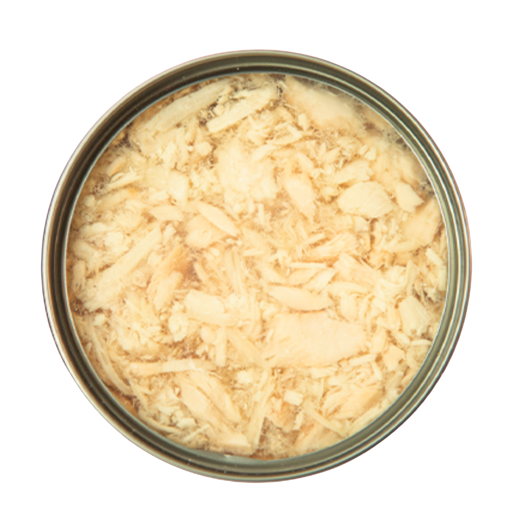 Open can of Kakato Salmon & Chicken wet pet food showing shredded salmon and chicken in jelly