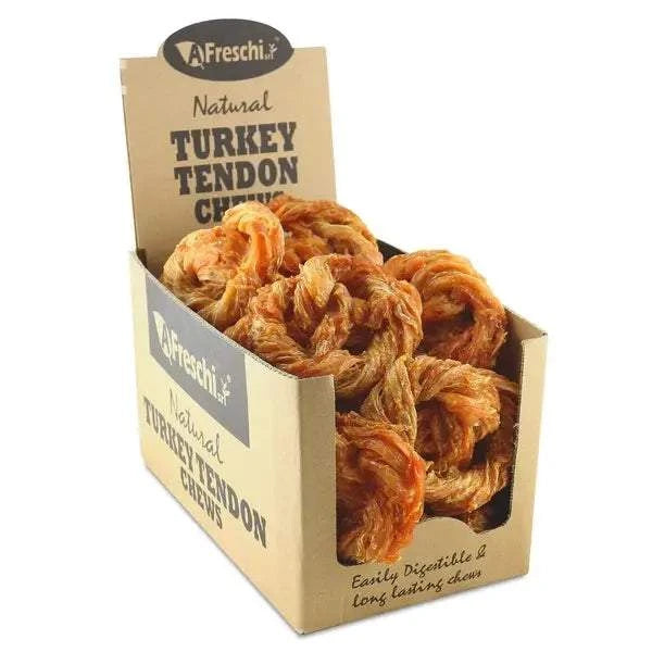 Afreschi Natural Turkey Tendon Large Size dog chew treats in cardboard display box, high protein and collagen, additive-free, long-lasting and easily digestible