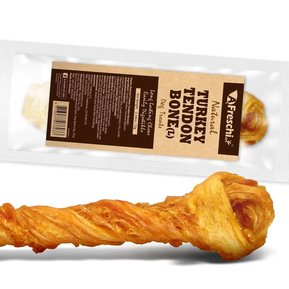 Afreschi Natural Turkey Tendon Large Size dog chew treat packed with protein and collagen, handmade and slow-roasted.