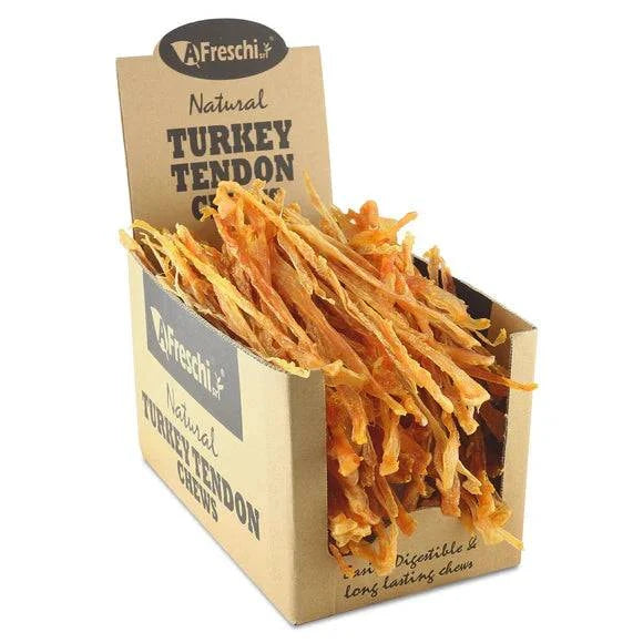Natural Turkey Tendon dog chews in a cardboard display box, high-protein, additive-free, long-lasting and easy to digest.